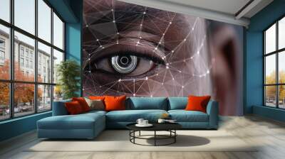 Human Half Face for Facial Recognition. African American Man Brown Eye Biometrical Iris Reading with Animated Dots and Lines. Augmented Reality. Futuristic Face ID. Science and Technology. Wall mural