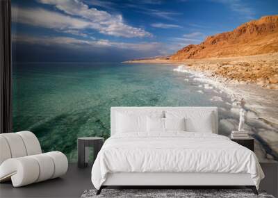 View of Dead Sea coastline at sunset time Wall mural