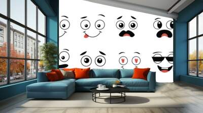 Cartoon faces. Expressive eyes and mouth, smiling, crying and surprised character face expressions. Caricature comic emotions or emoticon doodle. Isolated vector illustration icons set  Wall mural