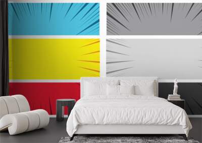 Comic bright horizontal banners with radial halftone and rays humor effects in blue red yellow colors. Vector illustration Wall mural