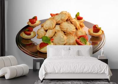 Pasta di meliga, cookies made with corn flour and butter on steel plate with strawberry pastries. Piedmontese biscuits, Italy, Isolated on white Wall mural