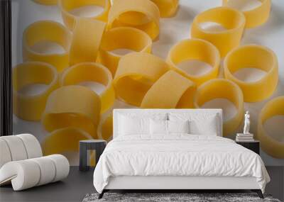 squid rings macaroni Italian dry raw pasta bronze drawn white background top view Wall mural