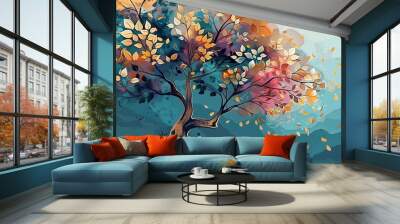 Colorful tree with leaves on hanging branches illustration background. 3d abstraction wallpaper for interior mural wall art decor. Floral tree with multicolor, Generative AI Wall mural