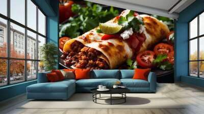 Plate of Mexican Vegetarian Vegetable Enchiladas Isolated on a Background, Generative AI Wall mural