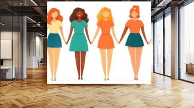 Happy women or girls standing together and holding hands. Group of female friends, union of feminists, sisterhood. Flat cartoon characters isolated on, Generative AI Wall mural