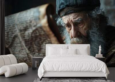 Religious leader reading an old manuscript parchment Hebrew text ancient biblical scroll, Generative AI Wall mural