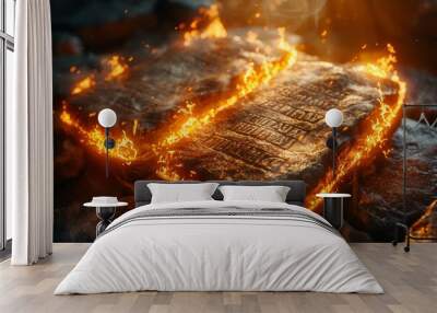 The Ten Commandments written on stone tablets written by the finger of God with fire effect, Generative AI Wall mural