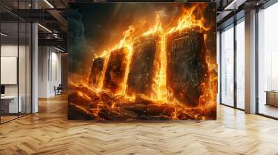 The Ten Commandments written on stone tablets written by the finger of God with fire effect, Generative AI Wall mural