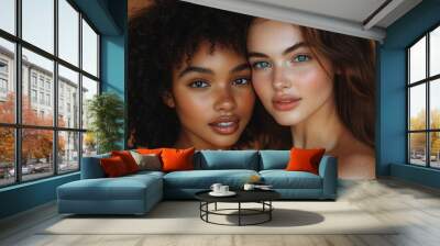 young pretty african and caucasian women posing cheerful together on brown background, lifestyle diverse nationality people concept, Generative AI Wall mural