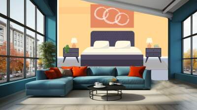 Bedroom with furniture and big window. Flat style vector illustration. Cozy interior. Hotel room. Wall mural