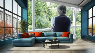 back view portrait of elderly Asian senior man with grey hair looking out window for thinking business seriously, business lifestyle concept Wall mural