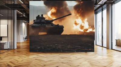 a armored tank shooting of a battle field in a war bombs and explosions in the background fire smoke Wall mural