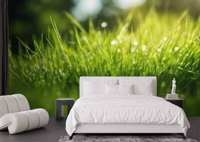 A freshly cut garden grass lawn in summer with a bright sunny green blurred bokeh background Wall mural