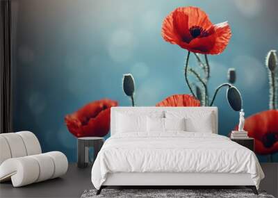 Banner with red poppy flowers on blue background symbol for remembrance memorial Anzac Day a national day of remembrance in Australia and New Zealand Wall mural