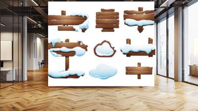 Cartoon set of blank wooden signs covered with snow and ice isolated on transparent background Wall mural