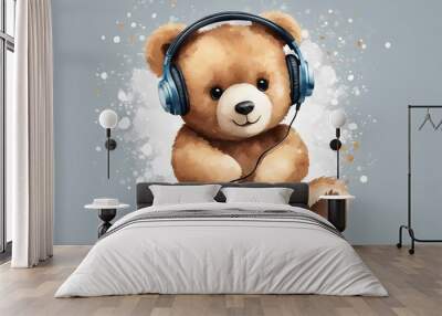 Cute teddy bear listening music through a headphones in watercolor design isolated on grey background Wall mural