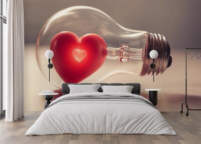 Light bulb with a glowing red heart inside Pastel colors Valentines day creative concept Wall mural