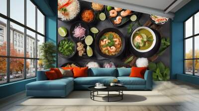 Set of top view delicious Thai food in black bowl shrimp pad thai Tom Yam Kung Thai food Green curry Wall mural