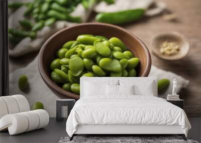 Steamed edamame beans lightly salted served in a rustic bowl epitomizing a simple yet protein-rich v Wall mural