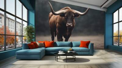 Strongest dark brown bull with muscles and long horns portrait looking at camera isolated on clear b Wall mural