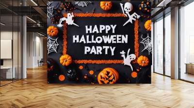 top view of halloween decoration with text happy halloween party invitation halloween decoration con Wall mural