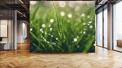 Very beautiful wide-format photo of green grass close-up in an early spring or summer morning with d Wall mural