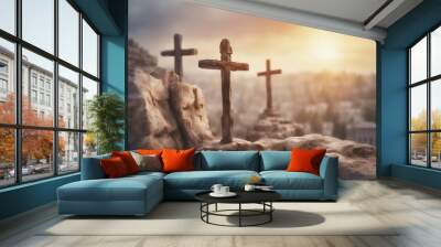 View on the three Crosses on Golgotha from the Holy Sepulchre at sunrise Digital watercolor painting Wall mural