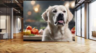 Wet complete food for adult dog with meat and vegetables isolated Wall mural