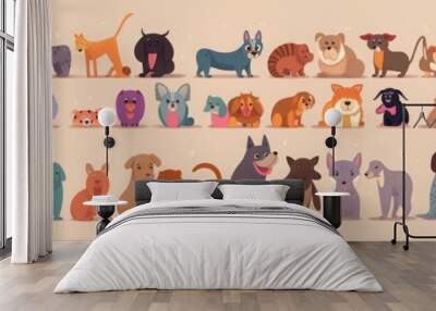 Huge colourful cartoon  collection with cute dogs.  set of different dog breeds, Generative AI Wall mural