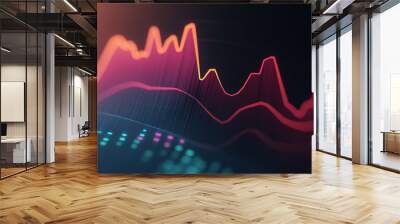 A stock market graph displayed on a screen showing a chart of financial trends. Glowing digital line art of a colorful wave pattern in a dark background Wall mural