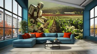 Robotic agriculture concept. Human-shaped robot working on a farm. Robot farmers agriculture technology farm automation Wall mural