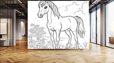 Elegant horse standing in a meadow, drawn in a black and white outline style, perfect for coloring activities. Wall mural