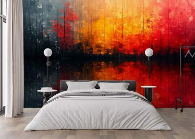 Vibrant abstract landscape with bright red, orange, and yellow trees reflected on a calm, dark water surface Wall mural