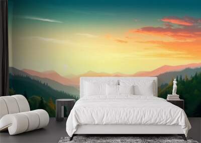 forest on the mountain light fall on clearing on mountains at sunset sky background, Generative AI Wall mural