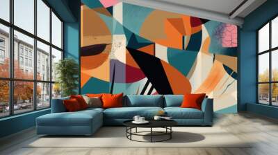 Hand drawn dynamic geometric abstract print. Colorful modern collage pattern, Generative AI Wall mural