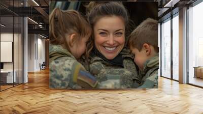 Military mom being welcomed by her family at home, Generative AI Wall mural