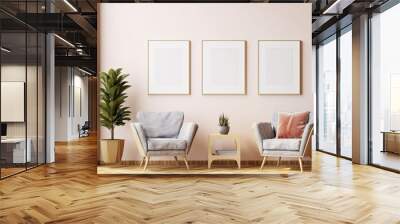 Two poster mockup with vertical frames on empty white wall in living room interior and armchair, Generative AI  Wall mural