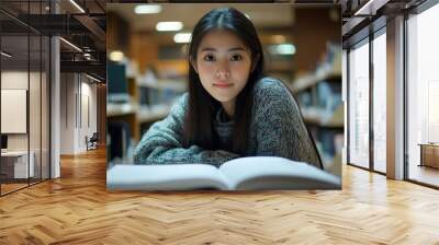 Young asian woman in library doing assignments, Generative AI Wall mural