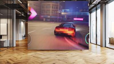 3D computer graphics of racing simulator. Sports car drifting and driving fast on modern urban roadway in night city. Gameplay of racing video game with interface. Playback on PC or mobile screen. Wall mural