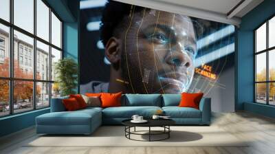 Face portrait of young African American man with focused look. 3D animation of human futuristic AI biometric face recognition system. Identification for access. Privacy and modern scanning technology. Wall mural