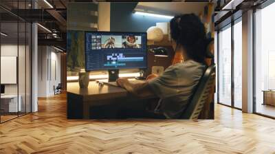 Guy in headphones editing video with astronauts for space blog in professional program while working remotely on computer at home Wall mural