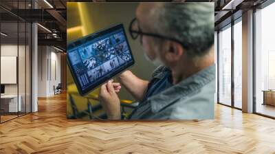 Male installer watches CCTV cameras in stylish office using tablet computer. Real time view of surveillance cameras displayed on tablet screen. Monitoring and tracking. Security system and privacy. Wall mural