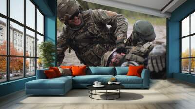 The Commander takes away from under firing of the soldier in the field of fight Wall mural