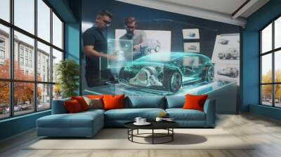 Two professional automotive engineers choose body of new eco-friendly electric car using futuristic augmented reality hologram. 3D computer graphics of vehicle high-tech developing. VFX animation. Wall mural