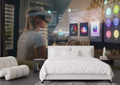 Woman in VR headset chooses clothes in online store chilling at home. 3D futuristic hologram shows widgets in user menu and clothing store website interface. VFX animation. Concept of online shopping. Wall mural