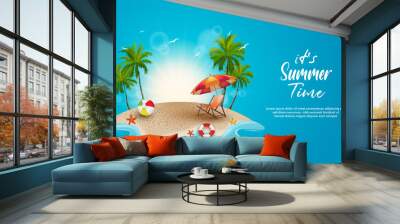 beautiful summer on tropical beach with coconut trees, sun and decorative element. background summer design with blank space for text. Wall mural