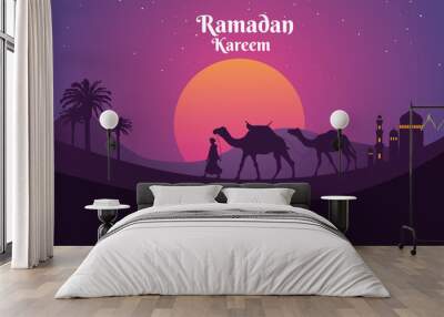 illustration of a man walking with a camel in a desert and a sunset. background and banner ramadan the holy month. Wall mural