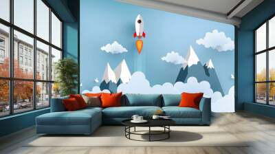 rocket illustration flying over cloud. beautiful scenery with white clouds Wall mural