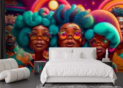 Disco Groove: A Vibrant Illustration of Three Afro-haired Sisters Rocking the Dance Floor. Wall mural