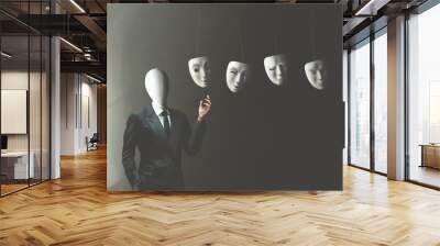 illustration of businessman without face choosing the right mask to wear, surreal identity concept Wall mural